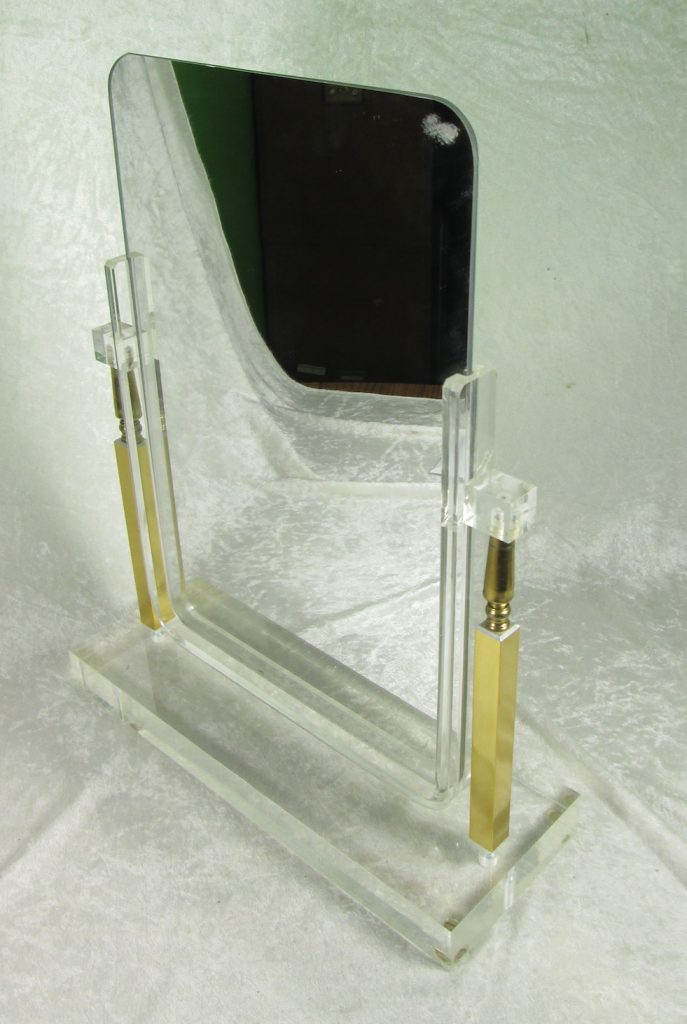 Mid Century Modern Lucite and Brass Double Sided Display Mirror
