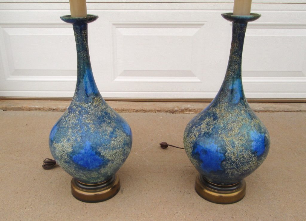 Pair Genie Bottle Blue Glaze Ceramic Lamps