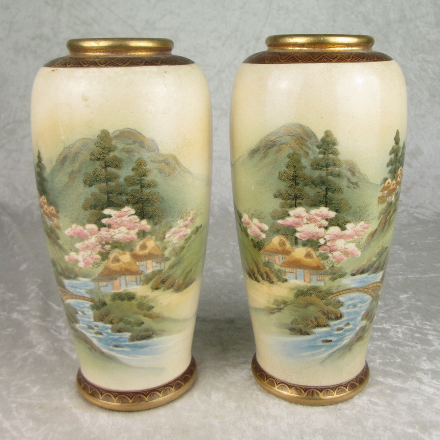 Pair Antique Satsuma Vases with Landscapes 