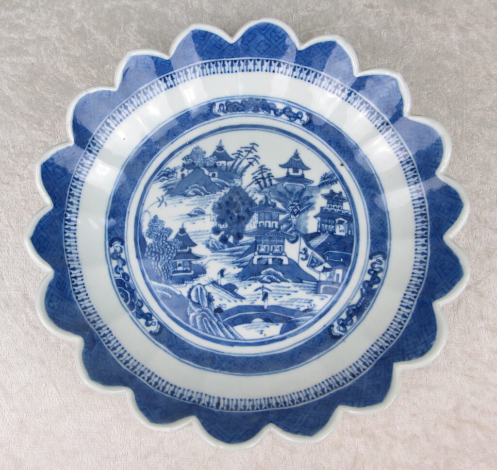 Antique Canton Blue and White Scalloped Dish