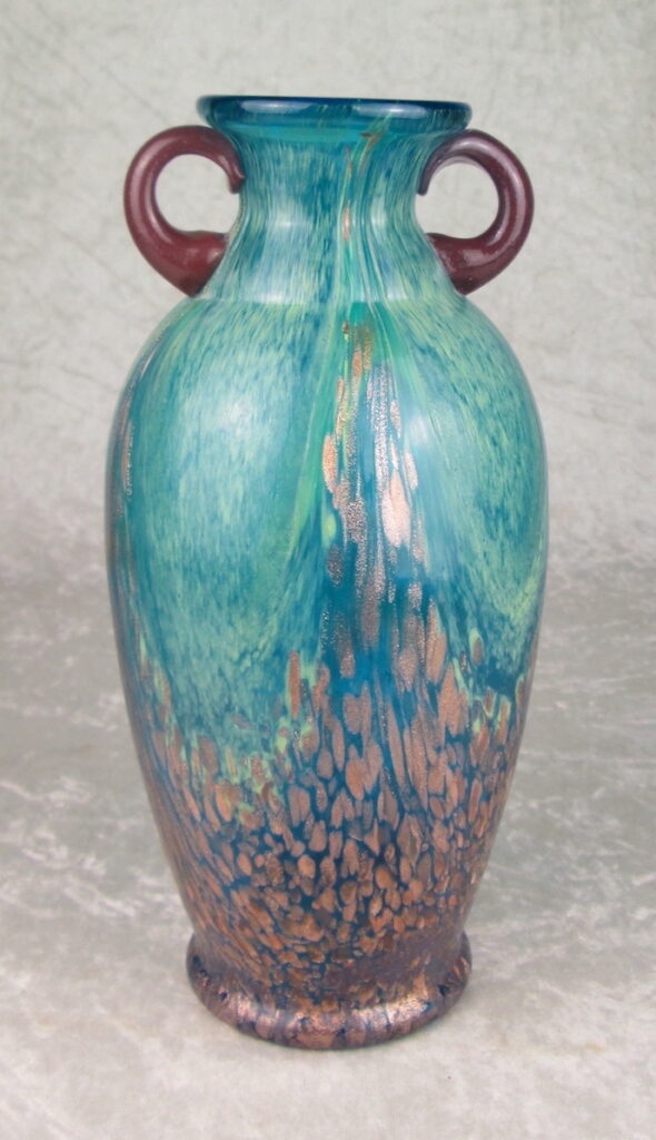 Dale Tiffany Glass Vase Peacock Tail Teal Blue Favrile 2 Handle Amphora